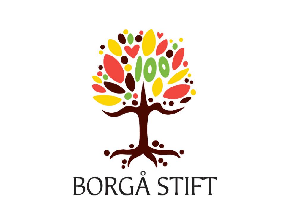 Tecknat träd med löv i olika färger och talet 100 i lövverket samt texten Borgå stift.